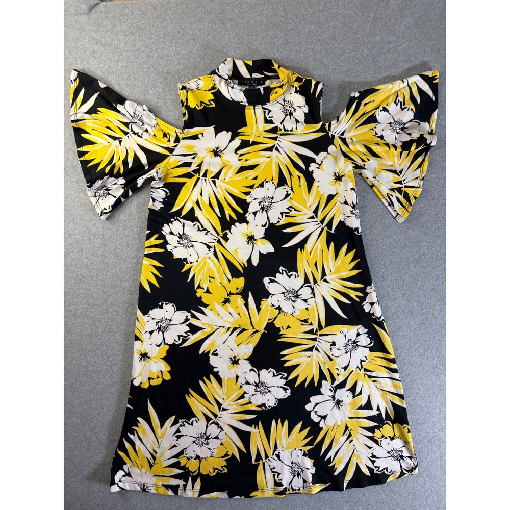 Tiana B New York Floral Cold Shoulder Bell Sleeve Dress Yellow Black White Small
